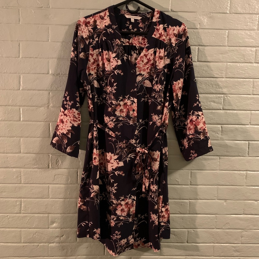 Medium button down navy and floral print long sleeve dress
